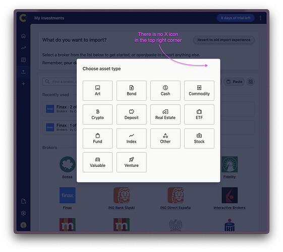 Create a custom asset - Choose asset type - no X icon